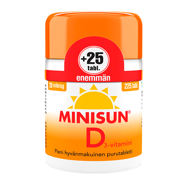 Minisun D-vitamiini 25 mikrog. 200+25 tabl. kampanjapakkaus 15,90 €